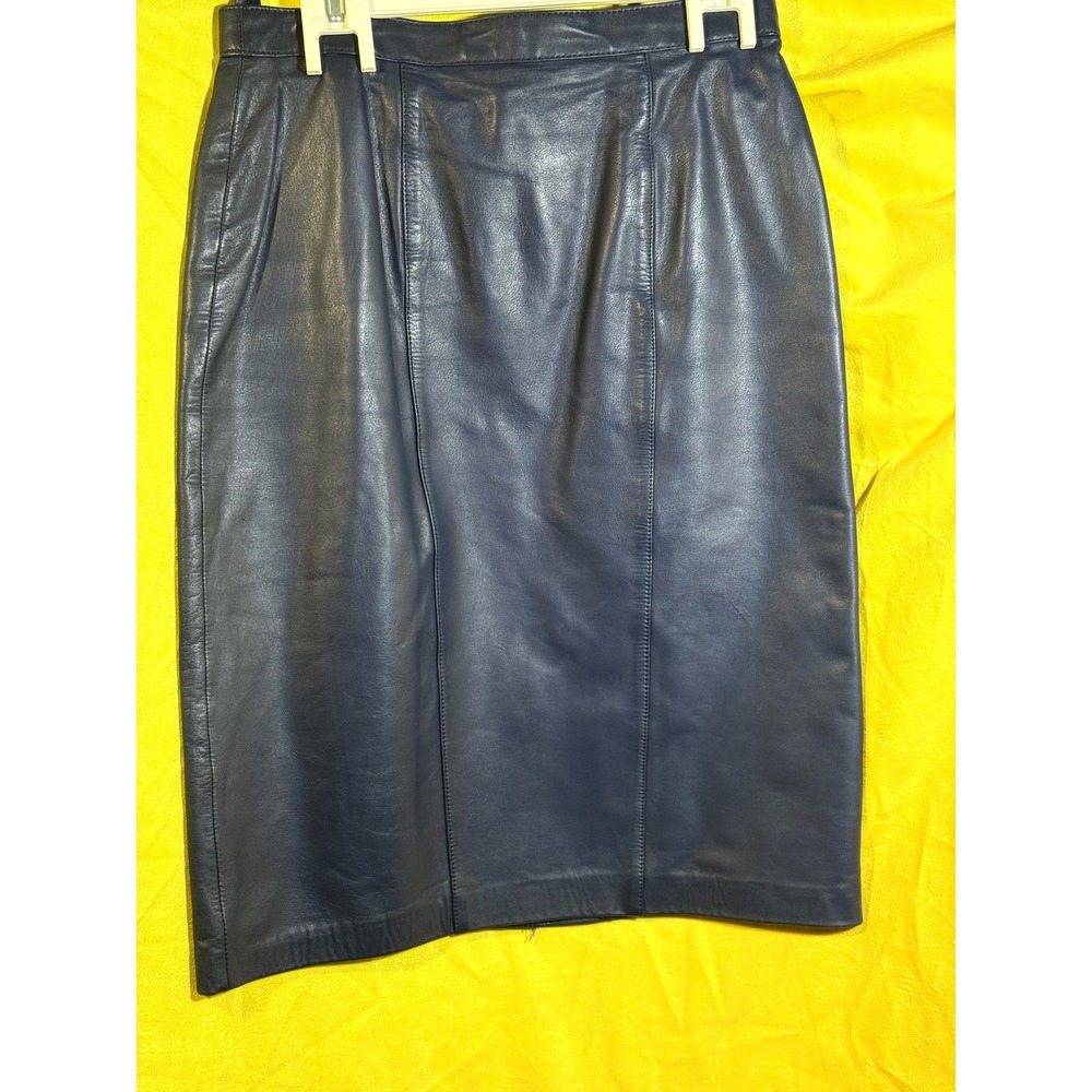 Evan Davies Navy Blue Leather Pencil Skirt Vintage High Waist Nappa Midi Size 10